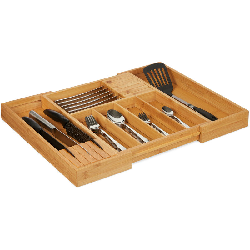 Relaxdays - Bamboo Cutlery Tray, Extendible, 2 Knife Blocks, Drawer Insert with 5-7 Compartments, hwd 5x56x43 cm, Natural