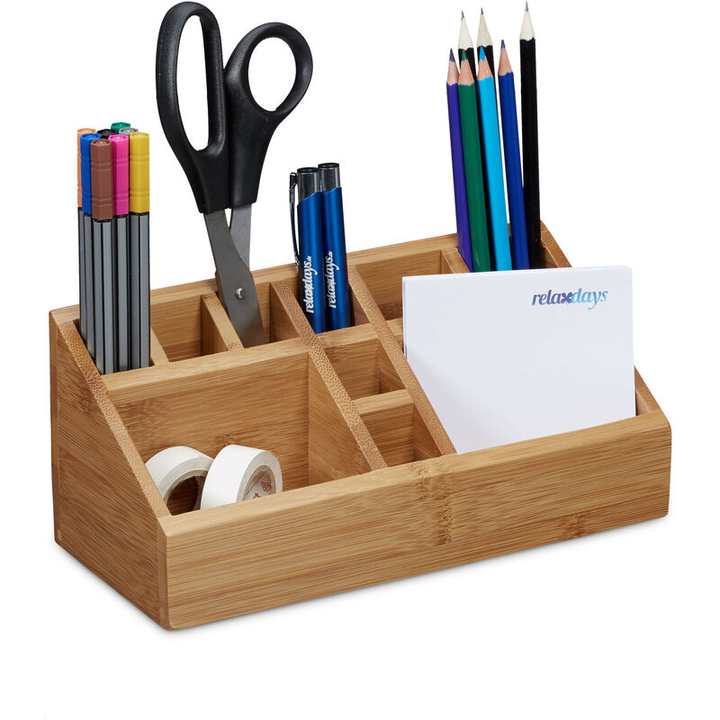 Relaxdays Bamboo Desk Organiser Pencil Holder 10 Compartments