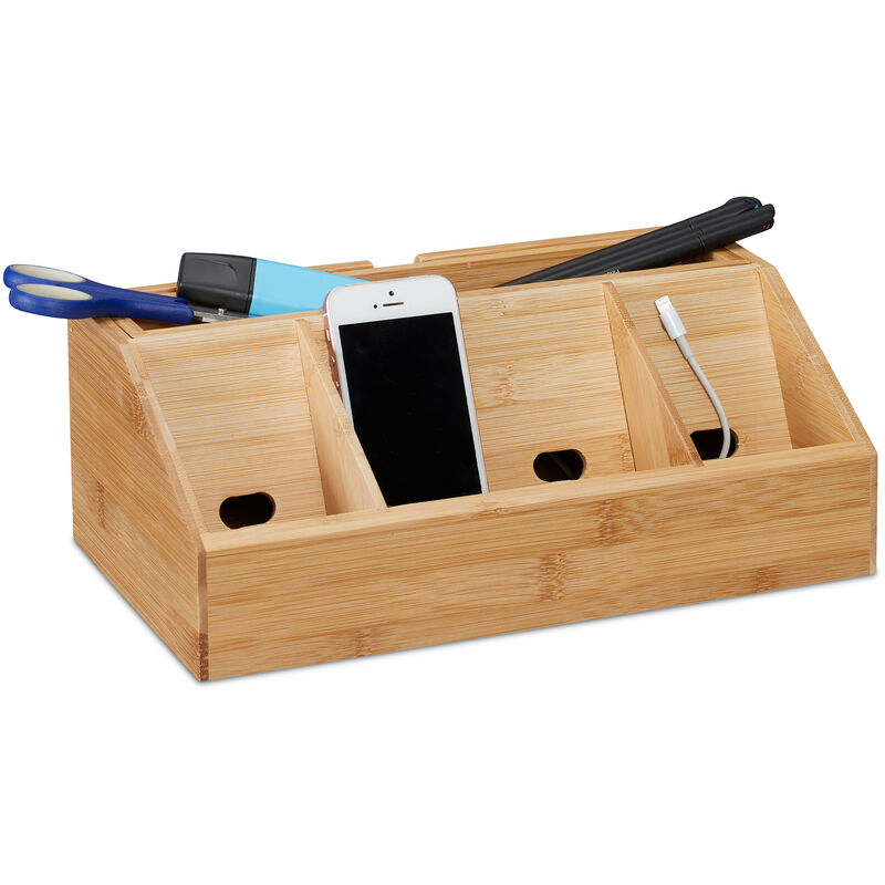 Bamboo Desk Organiser Size: approx 11 x 30 x 17.5 cm Including Cell Mobile Phone Holder Charging Station Docking Station Storage Box for your Desk or