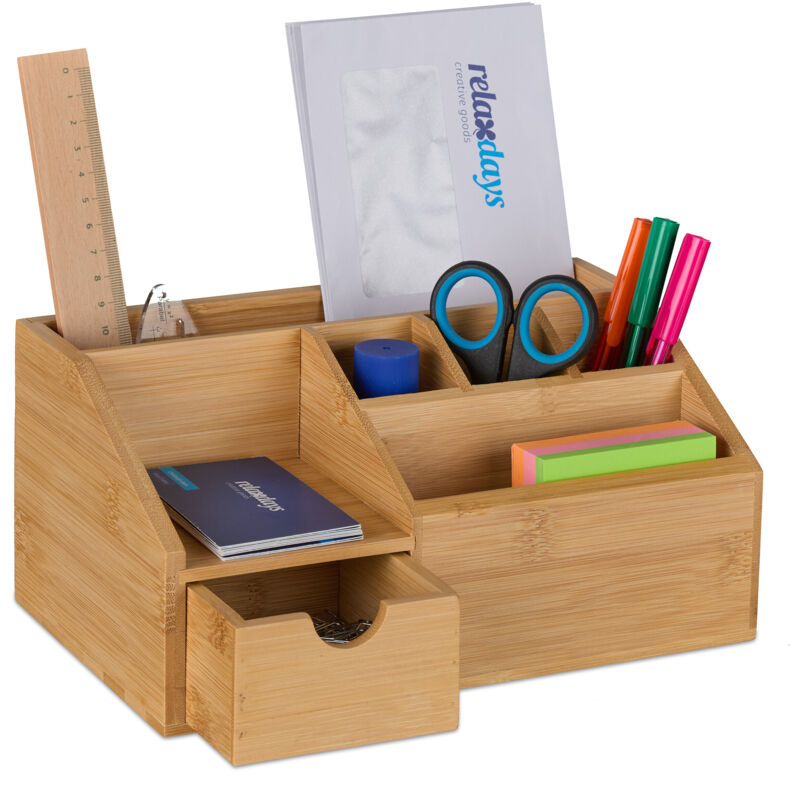 Relaxdays - Desk Organiser, Drawer & Pen Holder, 6 Compartments, Hxwxd, 11 X 24.5 X 15 Cm, Office Storage, Bamboo, Natural