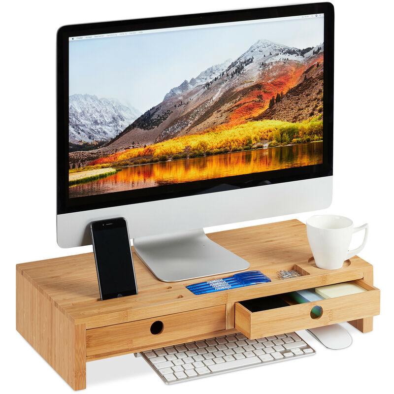 Bamboo Display Stand, Screen Riser with 2 Drawers and Compartments, Desk Organiser, hwd 12x56x27cm, Natural - Relaxdays