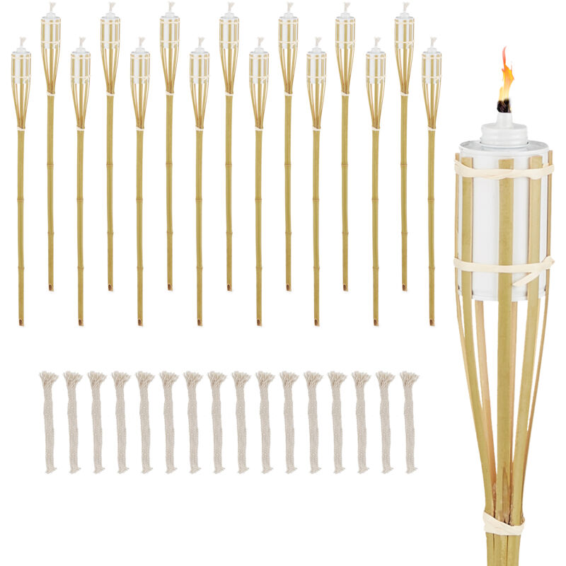 Relaxdays - Garden Oil Torches, Set Of 16, Bamboo, H, 90 Cm, Outdoor Lights, With Spare Wicks, Party Decor, Natural