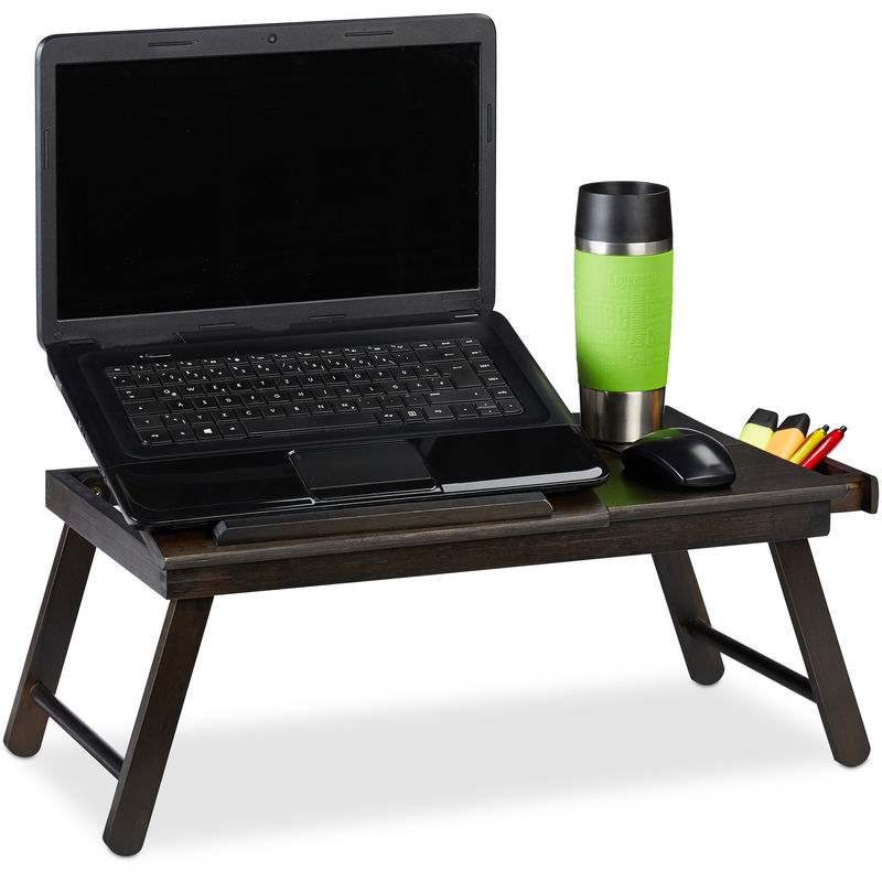 Bamboo Laptop Table, hwd: 25x60x35cm, Height-Adjustable Laptop Stand, Folding Tray with Drawer, Dark Brown - Relaxdays