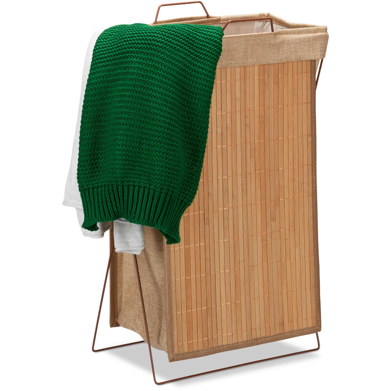 Bamboo Laundry Hamper, Folding, 40L, Metal Frame with Handles, Bag, Clothes Container, hwd 61x38x22cm, Natural - Relaxdays