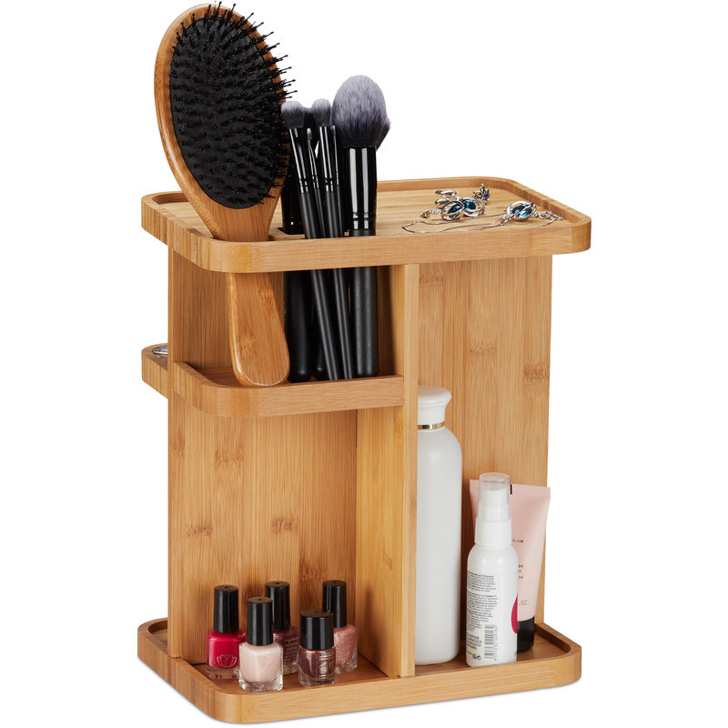 Bamboo Makeup Organiser, 360° Cosmetic Organiser for Bathroom & Vanity Table, hwd 31x25.5x18 cm, Natural - Relaxdays