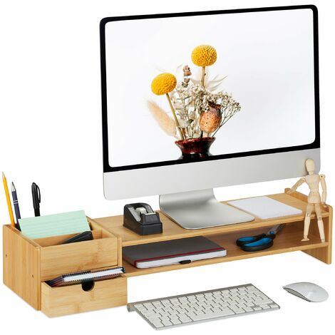 Relaxdays Bamboo Monitor Stand, 5 Compartments, Screen Raiser Desk, HWD: 16 x 57.5 x 25 cm, Work Base, Natural