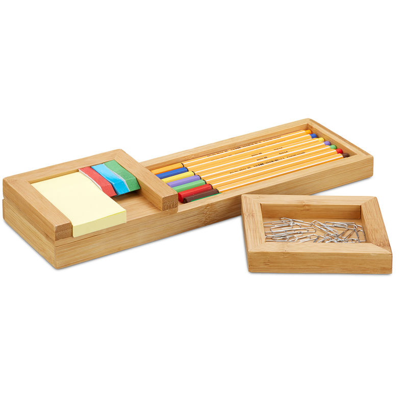 Relaxdays Bamboo Pen Holder 3 Piece Desk Organiser Pen Note