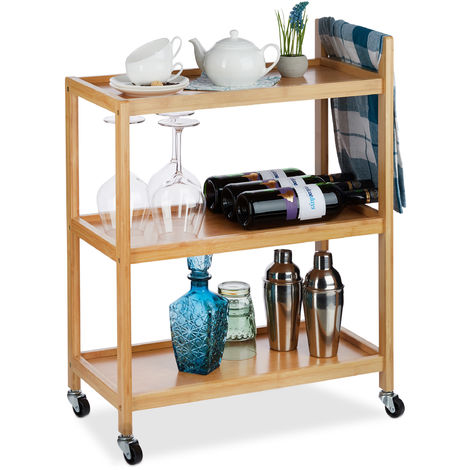 Relaxdays Bamboo Serving Trolley, 3 Tiers, Natural Look, 360° Casters, Bamboo, HxWxD: 76x58x30 cm, Natural