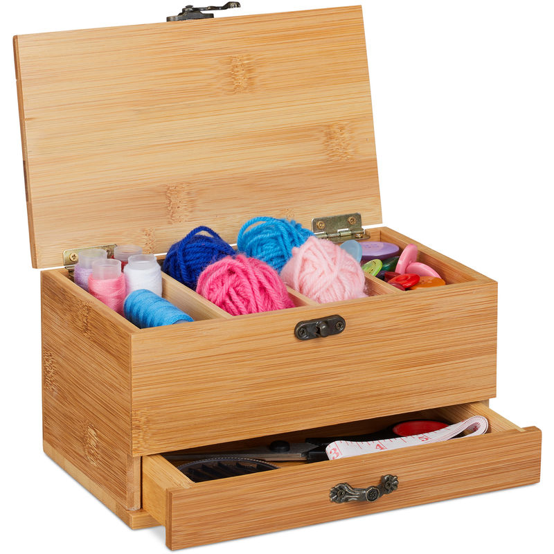 Relaxdays - Bamboo Sewing Box, 4 Compartments & Drawer, Lidded, Antique Handle Look, Empty, Natural