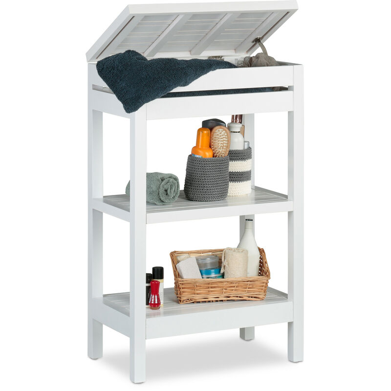 Bamboo Shelf, Standing Shelf, 3 Storeys, Slot with Lid, Open, hwd 76.5 x 46 x 29.5 cm, White - Relaxdays