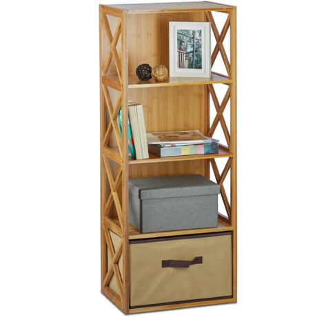 Relaxdays Bamboo Shelf with Basket, 4 Tiers, Wooden Freestanding Bathroom Rack, Folding Drawer Box, HxWxD: 105 x 42 x 29 cm, Natural Brown