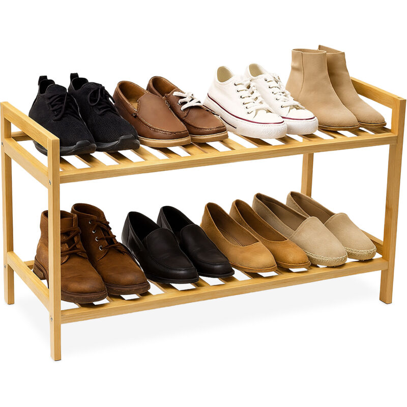 Relaxdays Bamboo Shoe Rack, Hxwxd, 40 X 69 X 27 Cm, 2 Tiers For 6 Pairs, Stackable, Natural