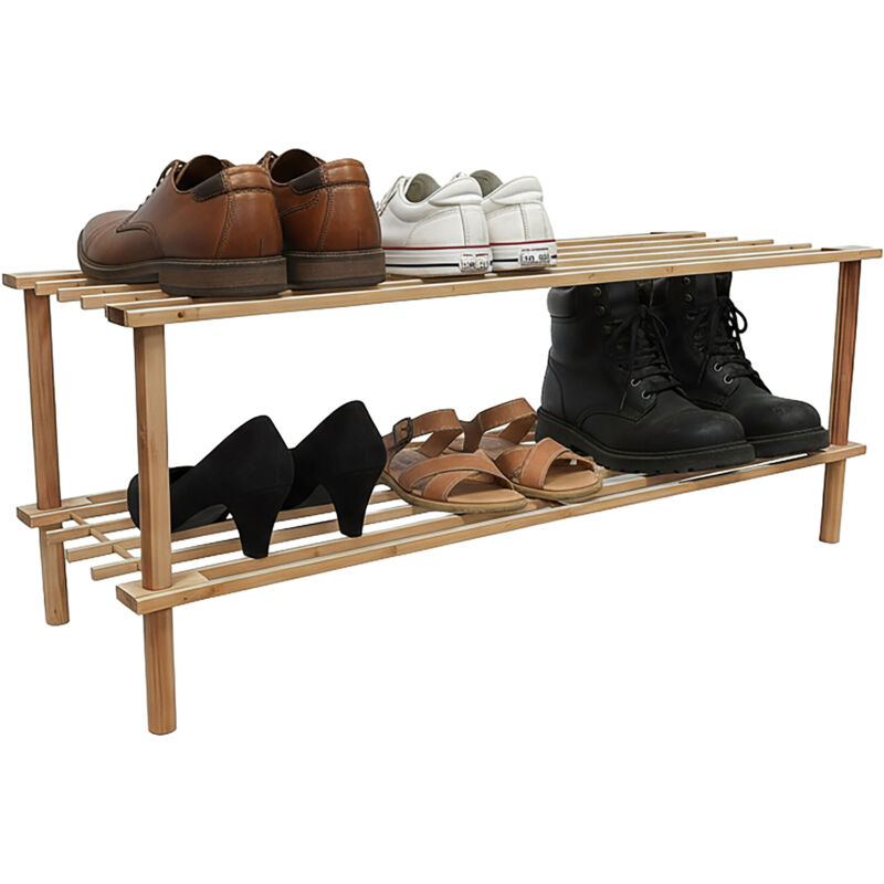 Relaxdays Bamboo Shoe Rack, 2 Tiers, For 6 Pairs, H X W X D, 30 X 74 X 26 Cm, Shoe Stand With Slatted Shelves, Natural