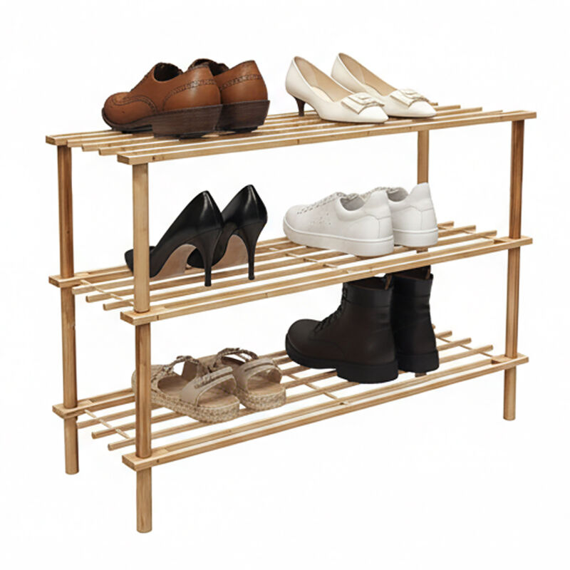 Relaxdays Bamboo Shoe Rack, 3 Tiers For 9 Pairs, H X W X D, 48 X 74 X 26 Cm, Slatted Shelves, Natural
