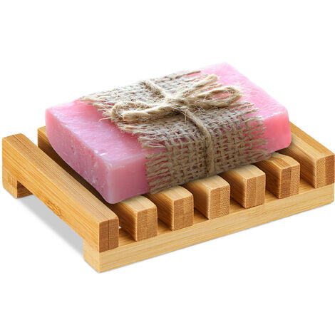 Relaxdays Bamboo Soap Dish, Grid Design, Moisture-Resistant Bathroom Soap Holder, Shower, Sink, WxD 11.5 x 8.5, Natural