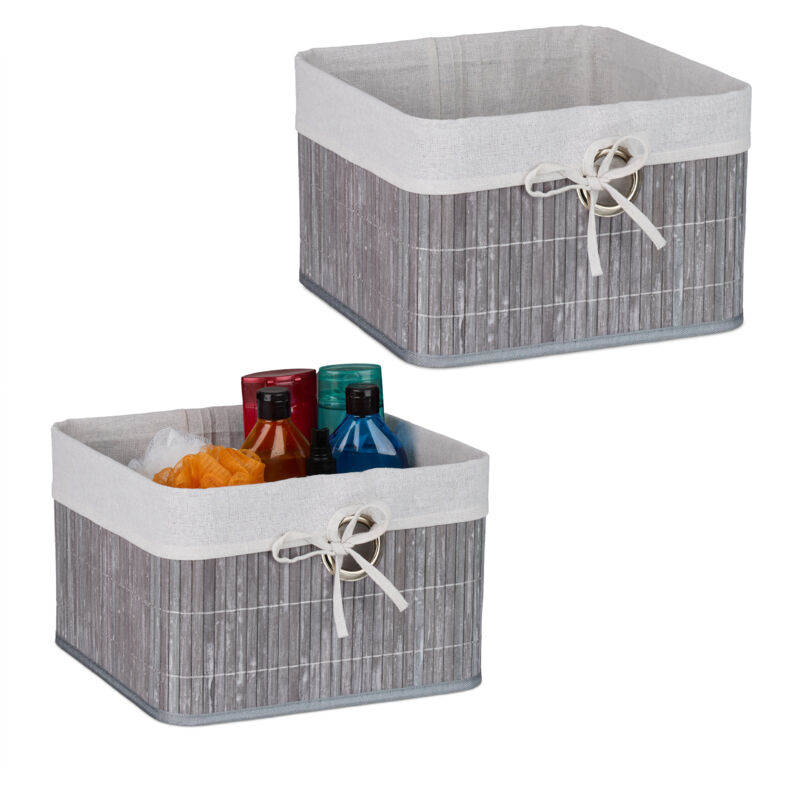 Storage Basket, Set Of 2, Bamboo With Fabric Liner, 20x31x31 Cm, With Handle, Organiser Box, Bathroom, Grey - Relaxdays