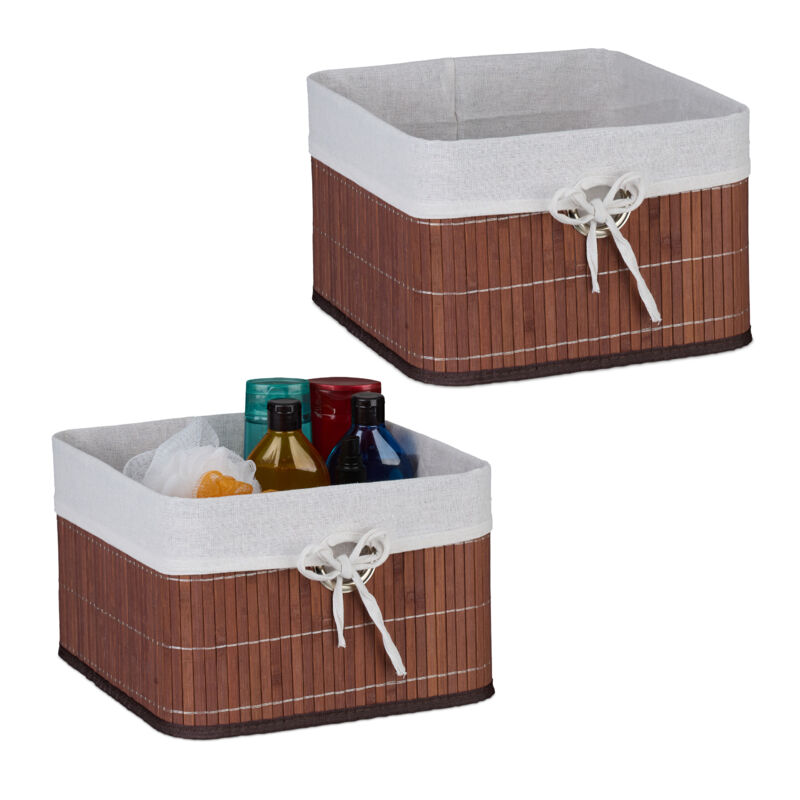 Storage Basket, Set Of 2, Bamboo With Fabric Liner, 20x31x31 Cm, With Handle, Organiser Box, Bathroom, Brown - Relaxdays