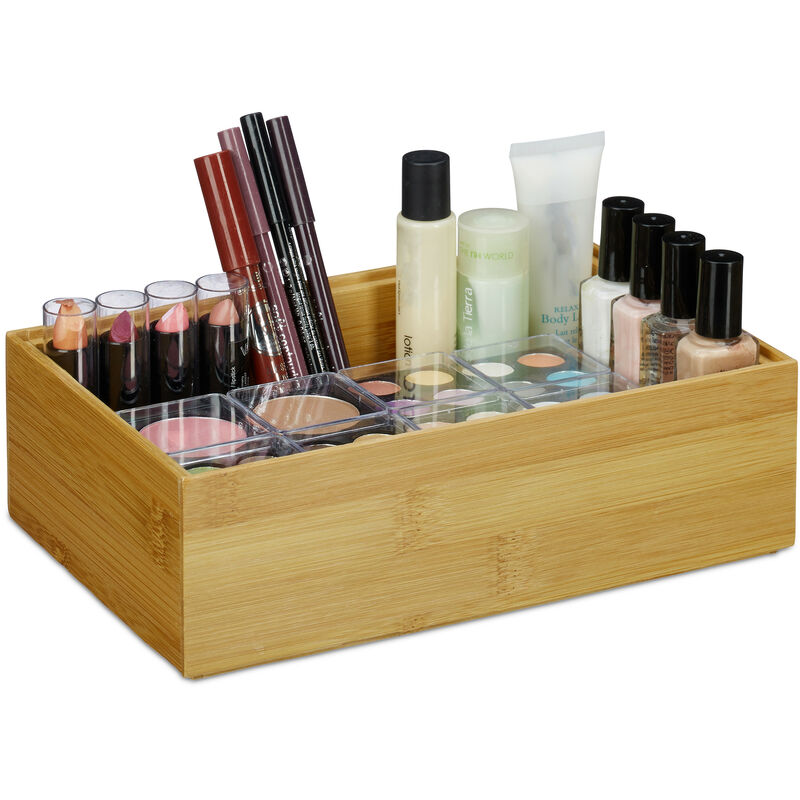 Bamboo Storage Box, Stackable, Natural Look, Kitchen Organiser Bins, Bathroom, HxWxD: 7 x 23 x 15 cm, Natural - Relaxdays