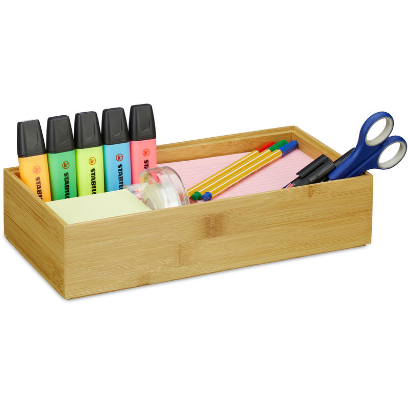 Bamboo Storage Box, Stackable, Natural Look, Kitchen Organiser Bins, Bathroom, HxWxD: 7 x 30 x 15 cm, Natural - Relaxdays