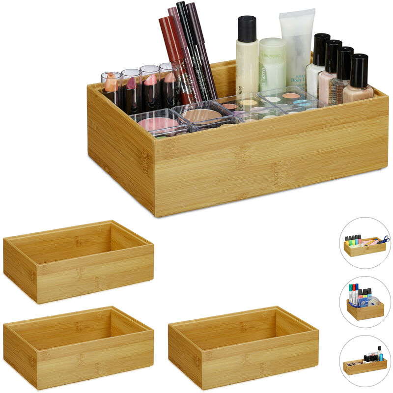 Set Of 4 Relaxdays Bamboo Storage Boxes, Stackable, Natural Look, Kitchen Organiser, Bathroom, 7 X 23 X 15 Cm, Natural