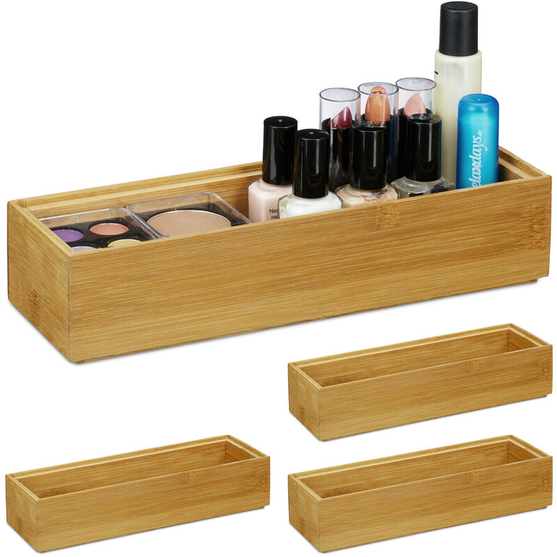 Set Of 4 Relaxdays Bamboo Storage Boxes, Stackable, Natural Look, Kitchen Organiser, Bathroom, 5 X 23 X 7.5 Cm, Natural