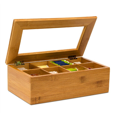 Relaxdays Bamboo Tea Box: 9 x 28 x 16 cm With 8 Compartments Tea Bag Caddy Wooden With Closable Lid + Window Tea Chest Aroma-Proof Storage for Fresh Tea, Lacquered, Brown