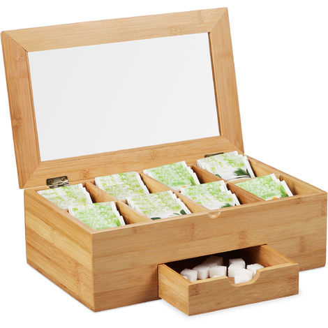 Relaxdays Bamboo Tea Storage Box, Lid with Window, 8 Compartments, Chest with Drawer, HxWxD 11x33x20 cm, Natural