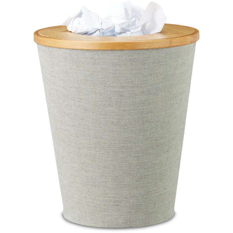 Bamboo Trash Can, Round Waste Bin with Insert and Magnetic Lids, 35 cm Tall, Natural/Grey - Relaxdays