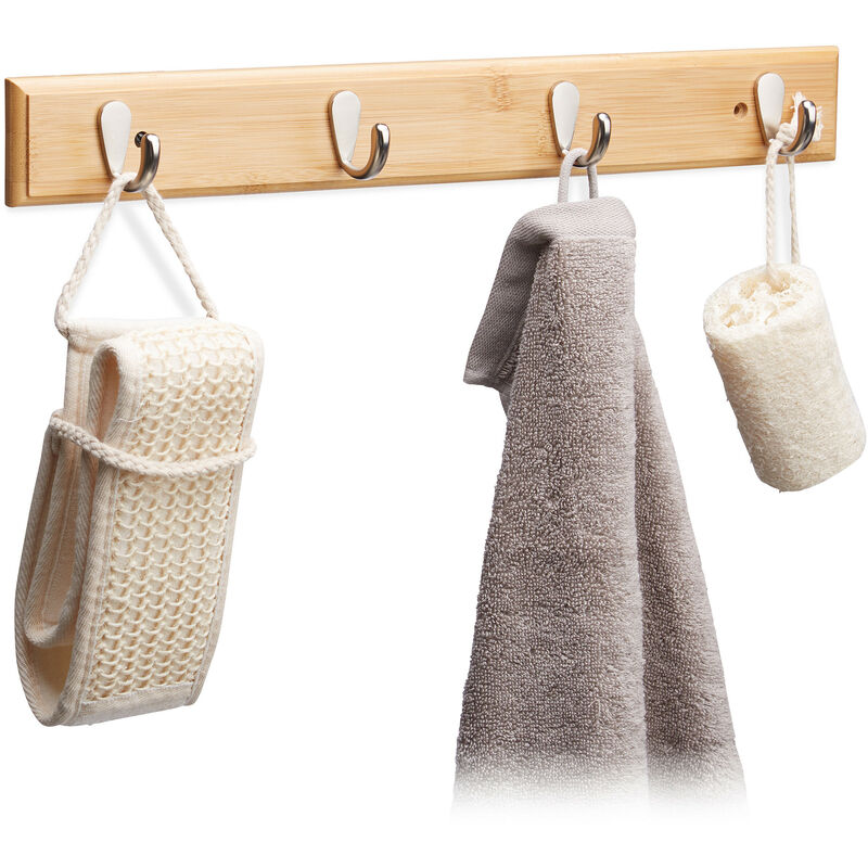 Bamboo Wall Hook Bar, Natural Grain, Metal Hooks, Hallway Coat Rack, Towel Holder, 4 Hooks, HWD: 6x48.5x5cm, Natural - Relaxdays