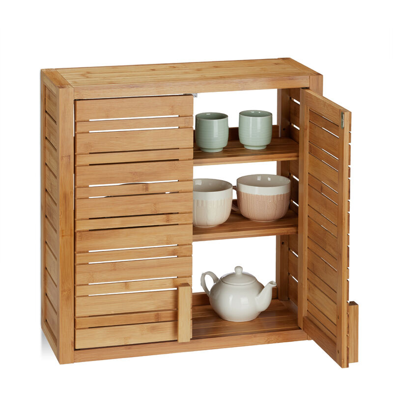 Bamboo Wall Shelf, 2 Doors, Adjustable Liner Base, Square Hanging Wall, hwd 56.5x56x21cm, Natural - Relaxdays