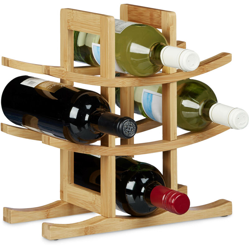 Bamboo Wine Rack, Bottle Holder for 9 Standard Bottles, Original Design, Free-Standing, Size: ca 30 x 30 x 14.5 cm, Natural - Relaxdays