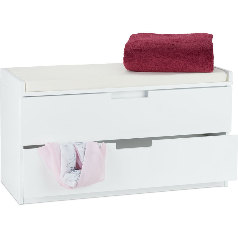 Banc à chaussures, commode rangement, Banquette 2 tiroirs, Meuble entrée, couloir, hlp : 48,5x87x38 cm, blanc - Relaxdays