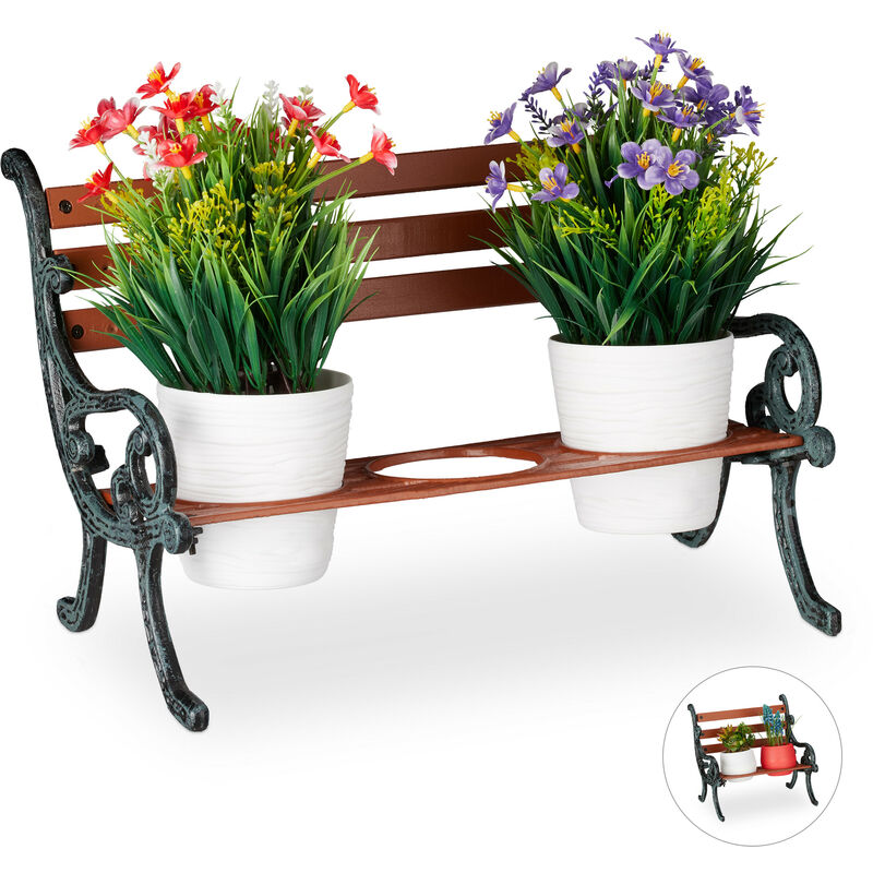 Banc de fleurs, fonte et bois, support de plantes pour pots à fleurs, différentes Dimensions, brun/gris-vert - Relaxdays