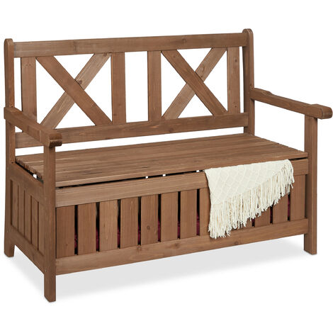 Relaxdays – Banc de jardin avec rangement – 2 places – Bois de sapin marron foncé – Dimensions 85 x 115 x 60 cm – Charge maximale 180 kg - HLP 85 X