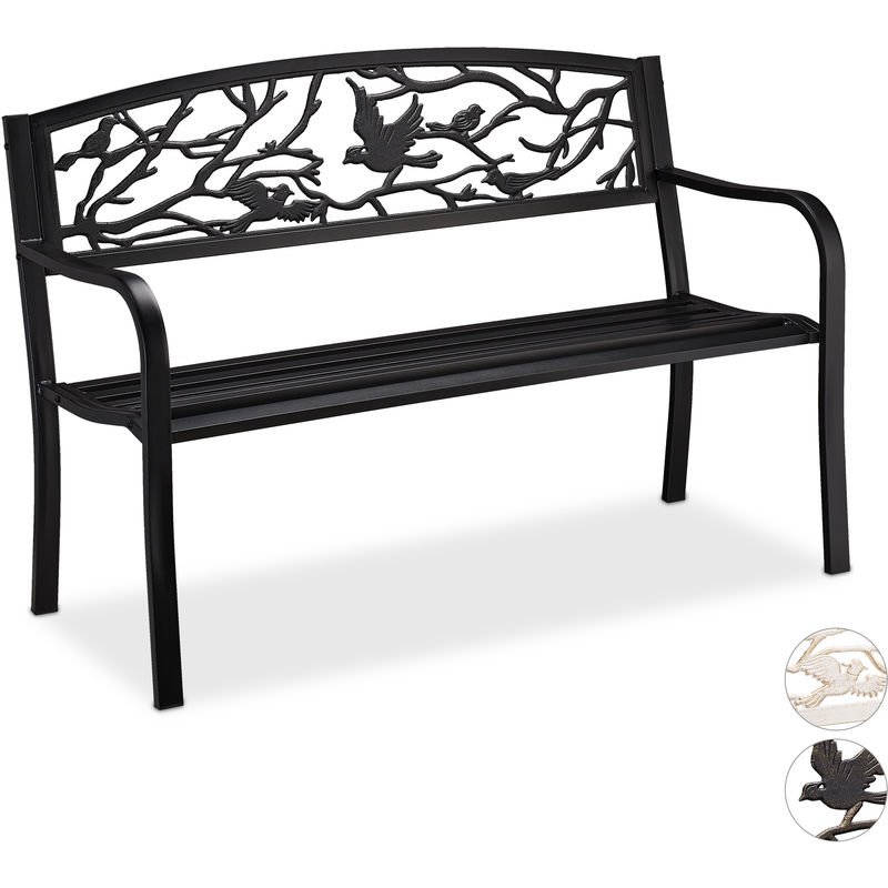 Banc de jardin, motif oiseau, 2 sièges, vintage, jardin et balcon, acier, h x l x p : 87 x 127 x 57cm, noir - Relaxdays
