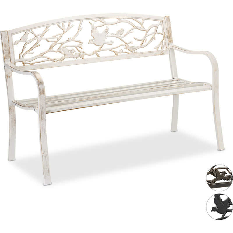 Banc de jardin, motif oiseau, 2 sièges, vintage, jardin et balcon, acier, hlp : 87 x 127 x 57cm, blanc/bronze - Relaxdays
