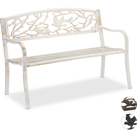 Relaxdays Banc de jardin, motif oiseau, 2 sièges, vintage, jardin et balcon, acier, HLP : 87 x 127 x 57cm, blanc/bronze