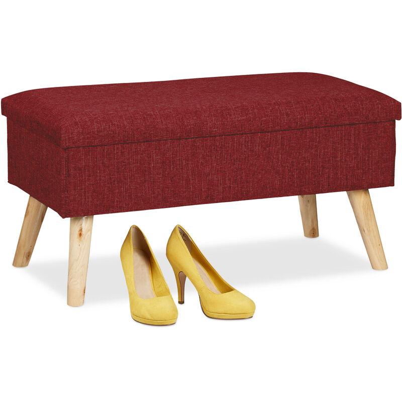 Relaxdays Banc de rangement, rembourré, pieds bois, banquette , coffre avec revêtement tissu HLP39 x77x 39cm,rouge foncé