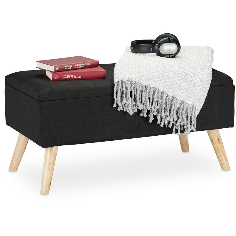 Banc de rangement, rembourré, pieds en bois, coffre avec revêtement en tissu 39,5 x 79,5 x 39 cm, noir - Relaxdays