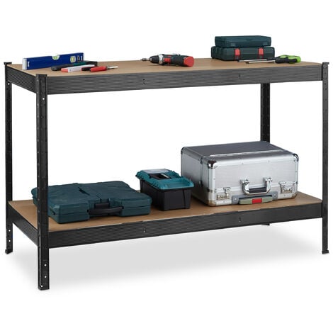 Relaxdays Banc de travail, 600 kg, atelier, HxLxP: 91x141x61 cm, 2 niveaux réglables, rangement acier & MDF, noir