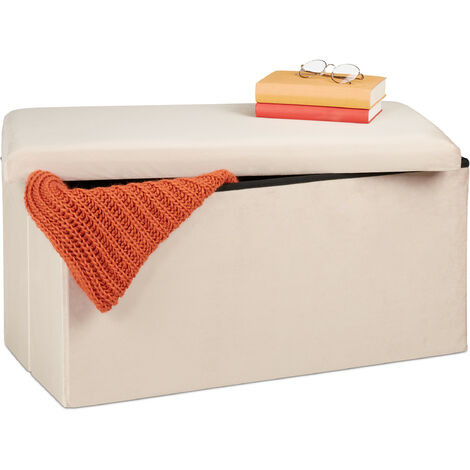 Relaxdays Banco Almacenaje, Funda de Terciopelo, 80 L, Salón, Dormitorio, Baúl Almacenamiento, 38 x 77 x 39 cm, Crema