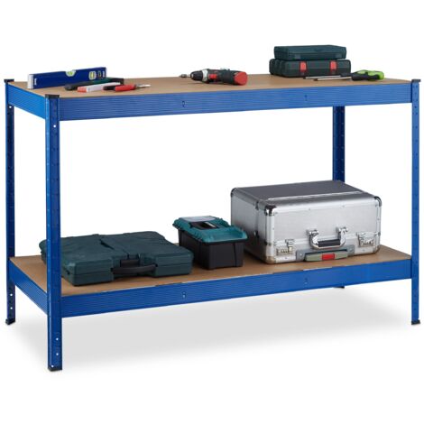 Relaxdays Banco da Lavoro Officina, Tavolo da Garage, 2 Scaffali, Altezza Regolabile, Acciaio e MDF, 90,5x141x61 cm, Blu, 1 pz