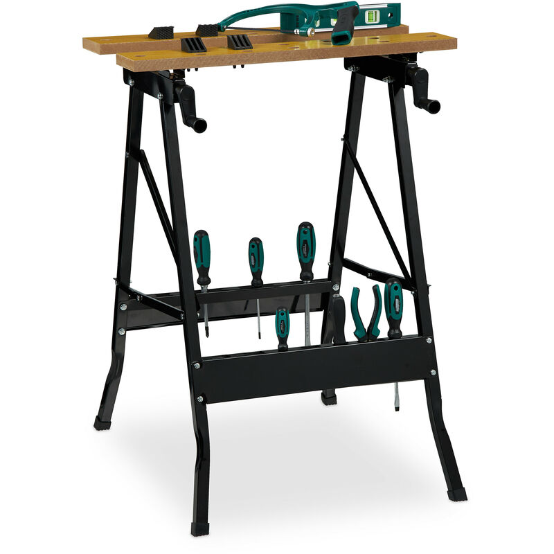 Relaxdays Workbench, Foldable, up to 100 kg, Adjustable Work Table, 4 Clamps HxWxD: 75.5 x 56.5 x 62 cm, Natural/Black