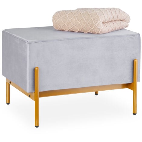 Relaxdays Banco de Terciopelo, Otomana Tapizada, Patas de Metal, 40 x 60 x 43 cm, Taburete Dormitorio y Pasillo, Gris