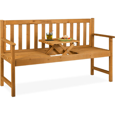 Relaxdays Banco Jardín con Mesa Integrada, 3 Plazas, Asiento Madera Resistente, Balcón o Terraza, 90x152x56 cm, Natural