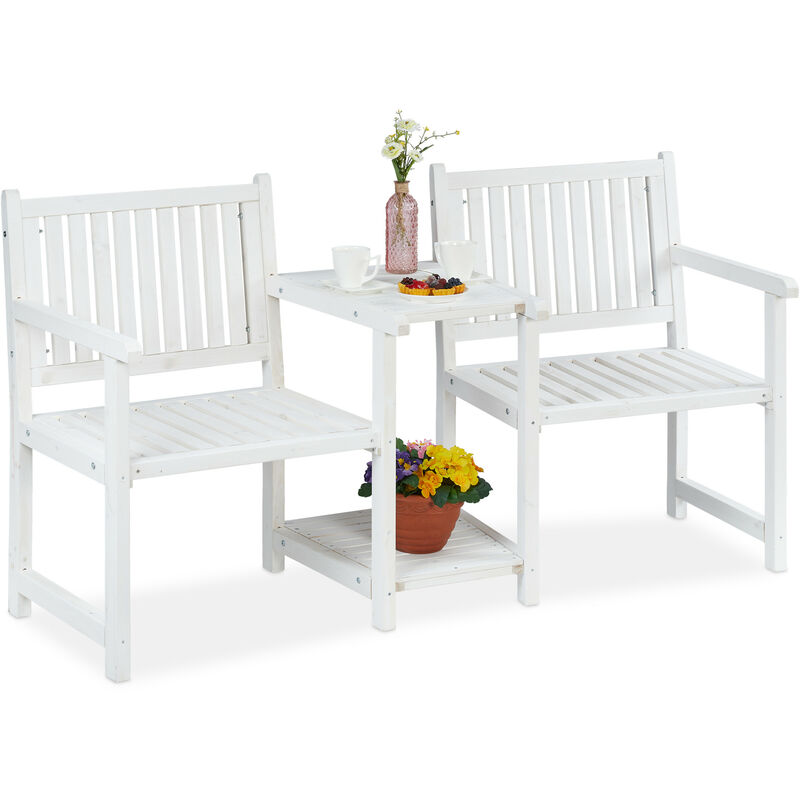 Relaxdays - Banc de jardin avec table intégrée, 2 places, banquette, robuste, en bois, balcon, hlp : 86x161x61 cm, blanc