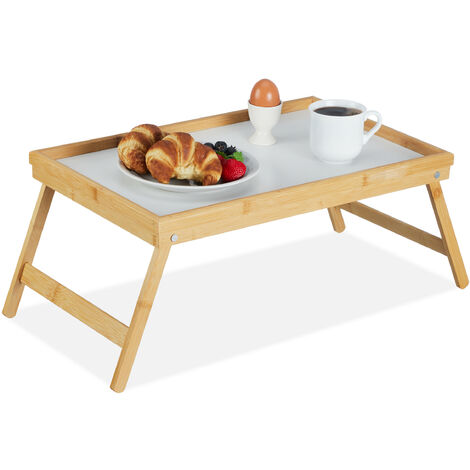 Relaxdays Bandeja Cama de Bambú y MDF, Patas Plegables, Mesita Desayuno, Mesilla Sofá, 23,5 x 63 x 31 cm, Natural/Blanco