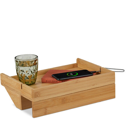 Relaxdays Bandeja de Cama, Mesita Flotante con Sujeción, 10 x 33 x 24 cm, Ranura para Cables, Bambú, Natural