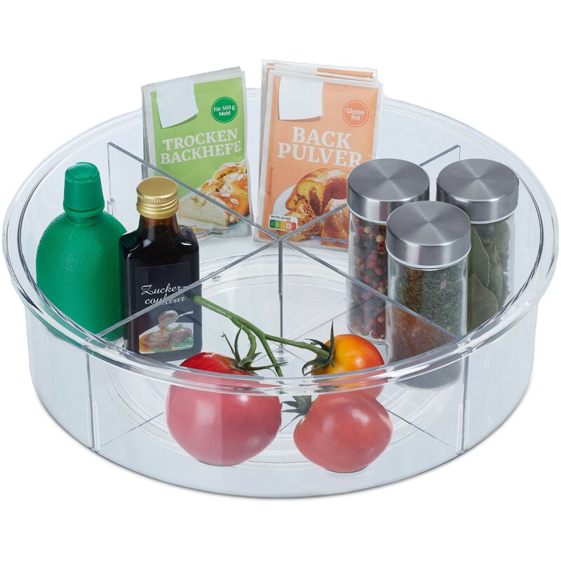 Relaxdays - Bandeja Giratoria, ø 30 cm, Organizador Cocina y Baño, 4 Compartimientos, Organizador Nevera, Transparente