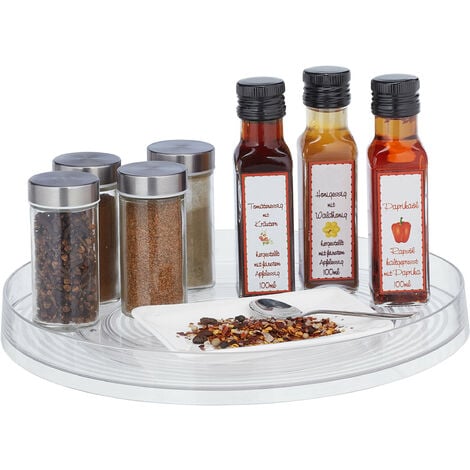Relaxdays Bandeja Giratoria Frigorífico, Ø 30 cm, Organizador Cocina y Baño, con Borde, Organizador Nevera, Transparente